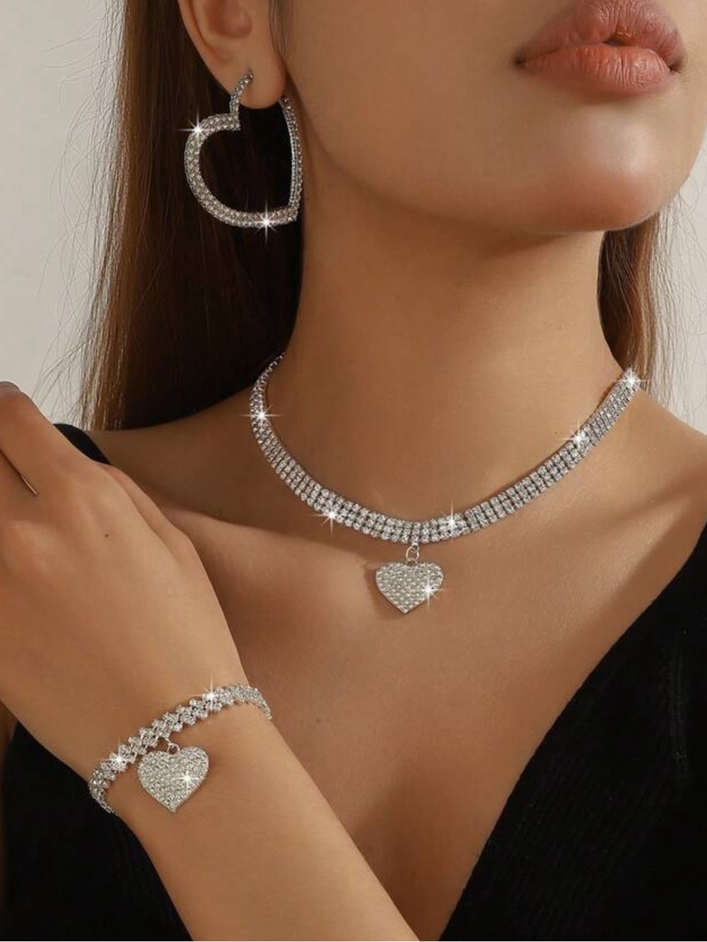 Nordstrom Silver-Tone Crystal Heart Choker Necklace